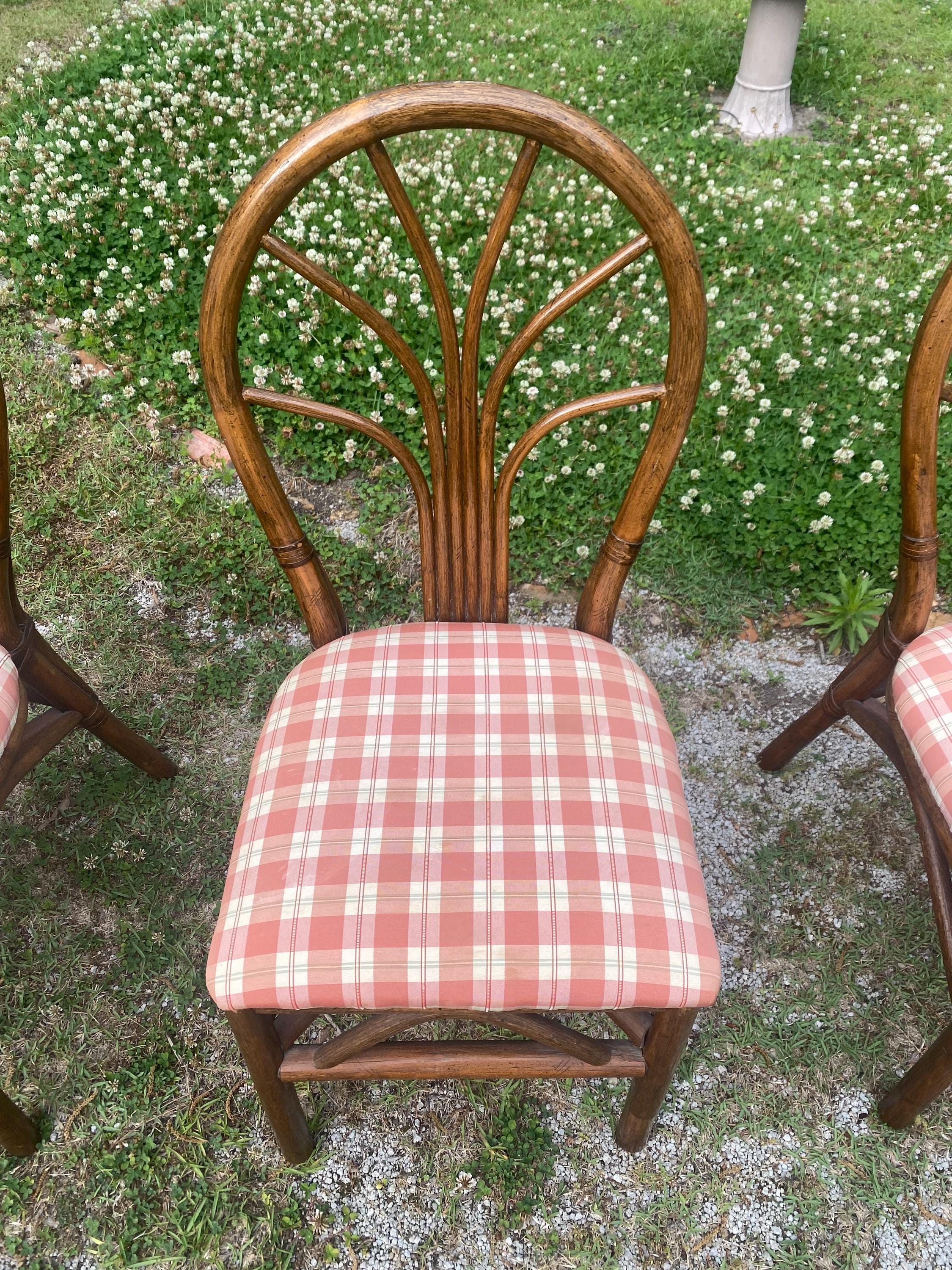 Set of 6 Vintage Rattan Wheatback Dining Chairs - Mid Century Coastal Bamboo Dining Set - Palm Beach Regency Boho Kitchen Chairs