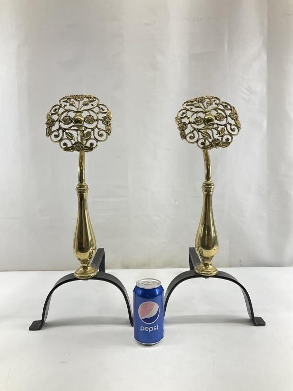 Antique Brass Thistle Fireplace Andirons Pair, English Country House Iron Andirons, Scottish Motif Hearth Decor, Vintage Brass Firedog