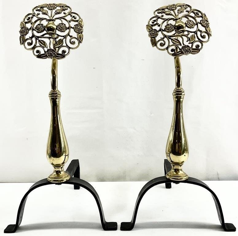 Antique Brass Thistle Fireplace Andirons Pair, English Country House Iron Andirons, Scottish Motif Hearth Decor, Vintage Brass Firedog