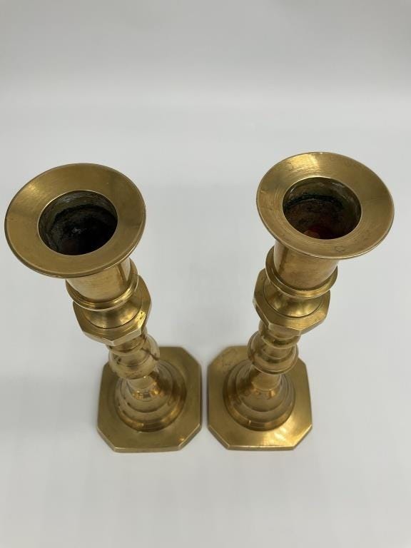 Vintage Pair of Solid Brass Candlesticks | 11.25" Tall Heavy Brass Taper Holders | Traditional Brass Mantle Decor