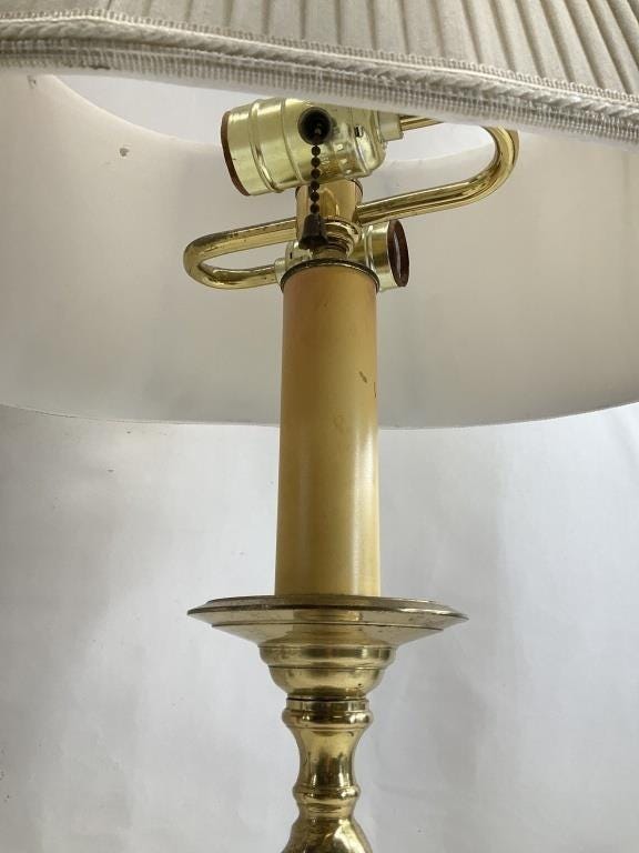Vintage Heavy Solid Brass Candlestick Lamp | 27" Tall Traditional Buffet Lamp with Pleated Shade