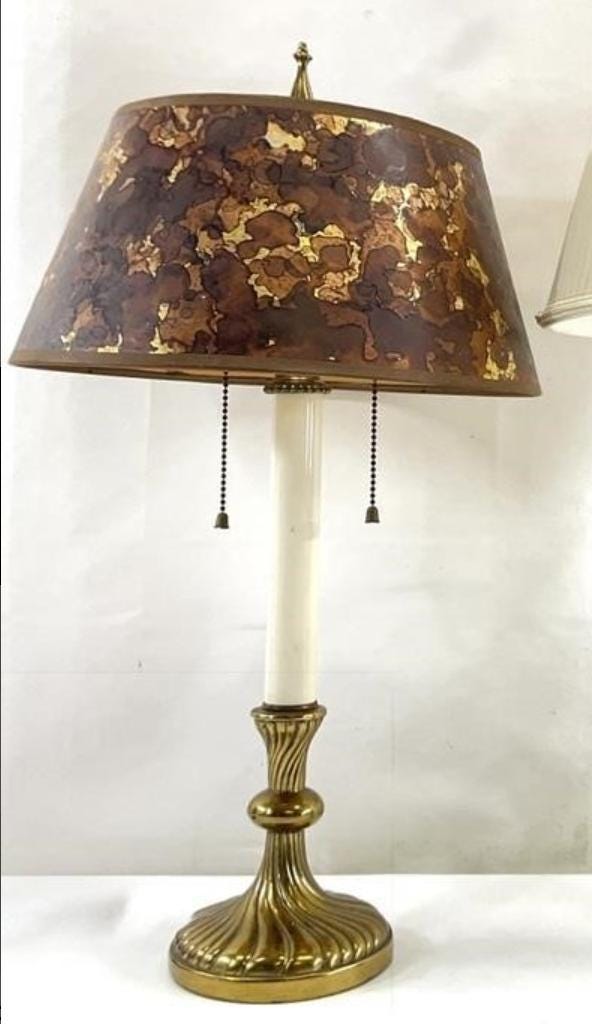 Vintage Brass Bouillotte Style Lamp | 18" Tall French Empire Double Light | Hand-Painted Floral Tole Shade