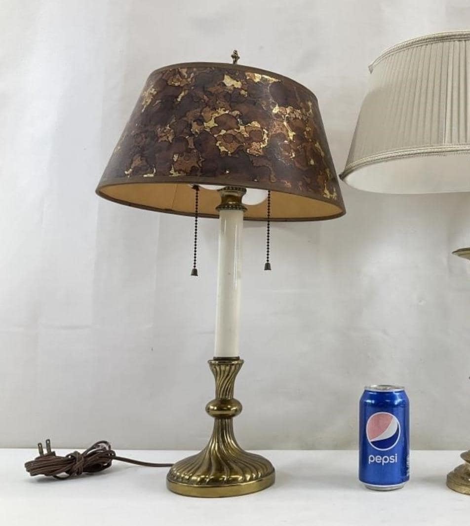 Vintage Brass Bouillotte Style Lamp | 18" Tall French Empire Double Light | Hand-Painted Floral Tole Shade