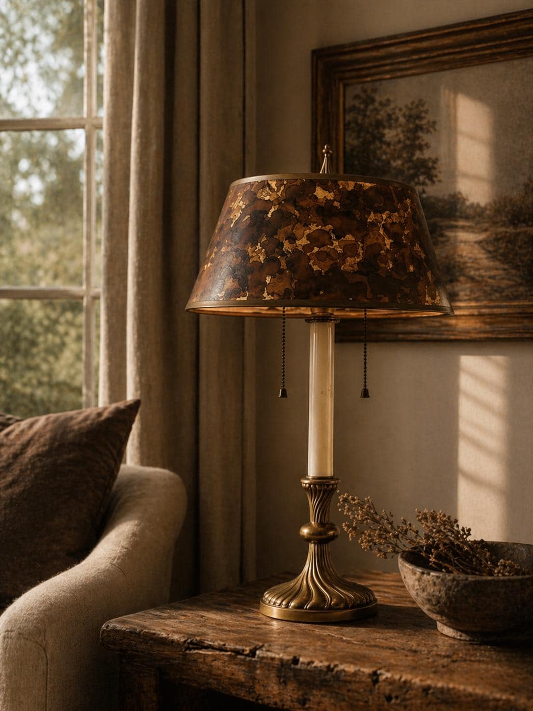 Vintage Brass Bouillotte Style Lamp | 18" Tall French Empire Double Light | Hand-Painted Floral Tole Shade