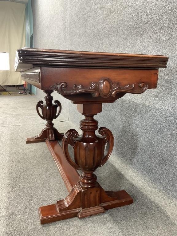 Antique French Style Walnut Flip Top Game Table | Carved Pedestal Console Table | Renaissance Revival Sofa Table | Burl Walnut Entry Table