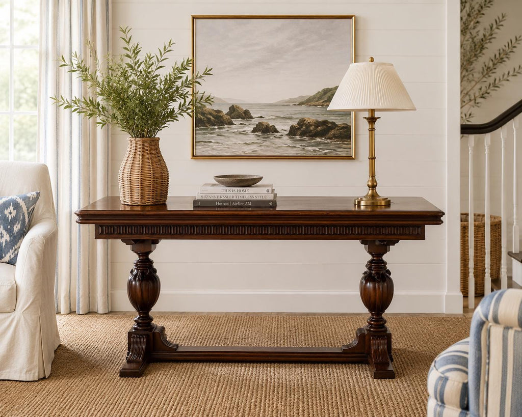 Antique French Style Walnut Flip Top Game Table | Carved Pedestal Console Table | Renaissance Revival Sofa Table | Burl Walnut Entry Table