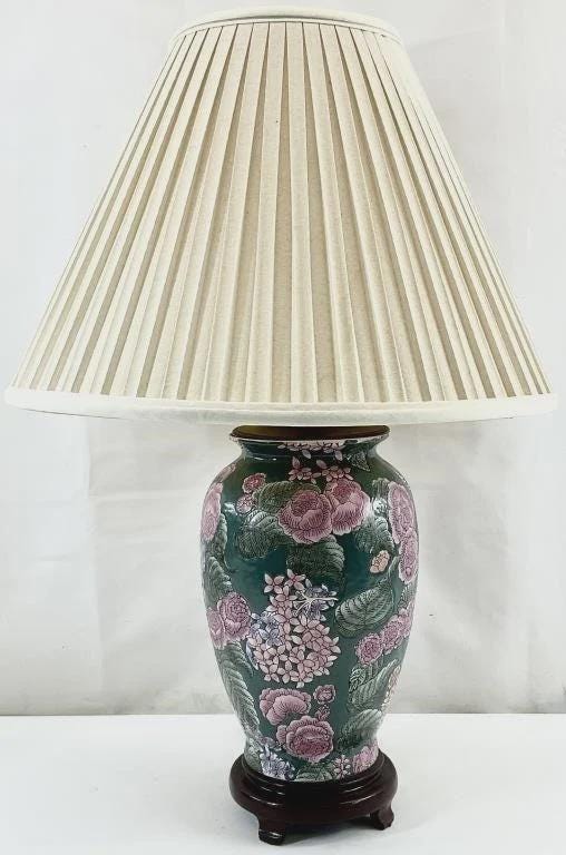 Vintage Chinoiserie Porcelain Lamp | Hand-painted Floral Green Ginger Jar Table Lamp | Grandmillennial Palm Beach Decor