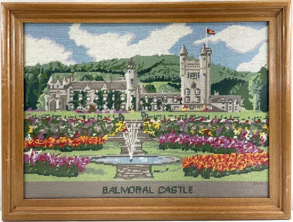Vintage Balmoral Castle Needlepoint, Framed Scottish Landscape Embroidery, English Country House Wall Art, Traditional Estate Decor