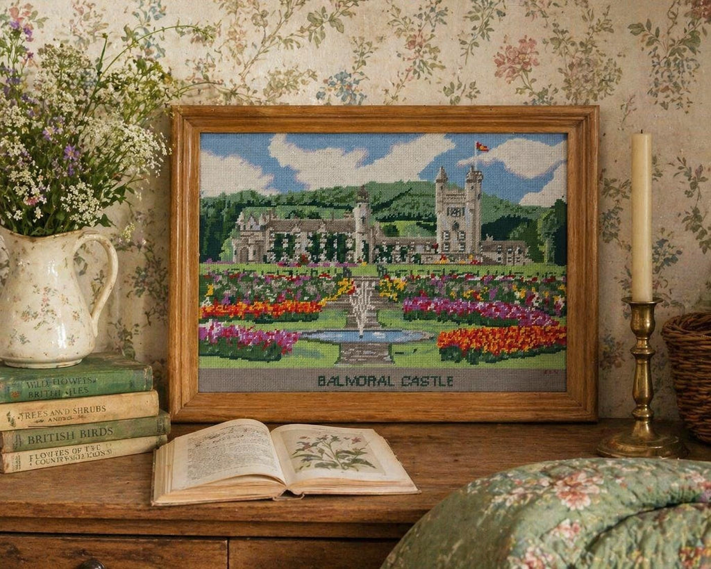 Vintage Balmoral Castle Needlepoint, Framed Scottish Landscape Embroidery, English Country House Wall Art, Traditional Estate Decor