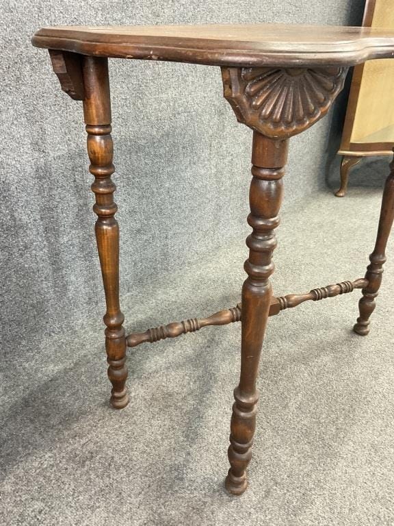 Antique Victorian Turned Leg Entry Table, William & Mary Style, 19th Century Parlor Table with X Stretcher, Carved Wood Accent Table