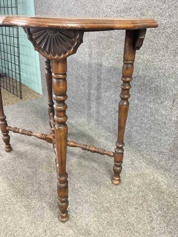 Antique Victorian Turned Leg Entry Table, William & Mary Style, 19th Century Parlor Table with X Stretcher, Carved Wood Accent Table