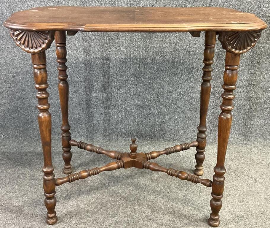 Antique Victorian Turned Leg Entry Table, William & Mary Style, 19th Century Parlor Table with X Stretcher, Carved Wood Accent Table