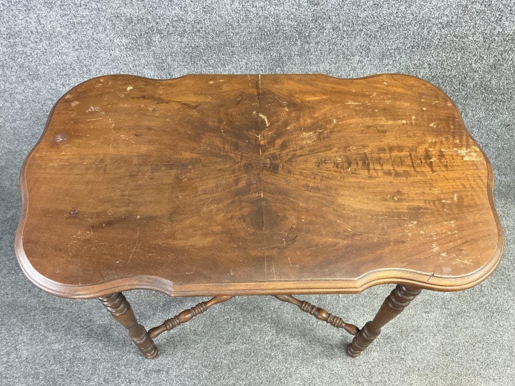 Antique Victorian Turned Leg Entry Table, William & Mary Style, 19th Century Parlor Table with X Stretcher, Carved Wood Accent Table