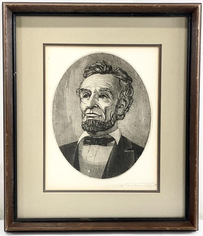 Vintage Abraham Lincoln Framed Engraving Style Print, Signed Portrait, Black and White Oval Lincoln Wall Art, Historic Americana Decor