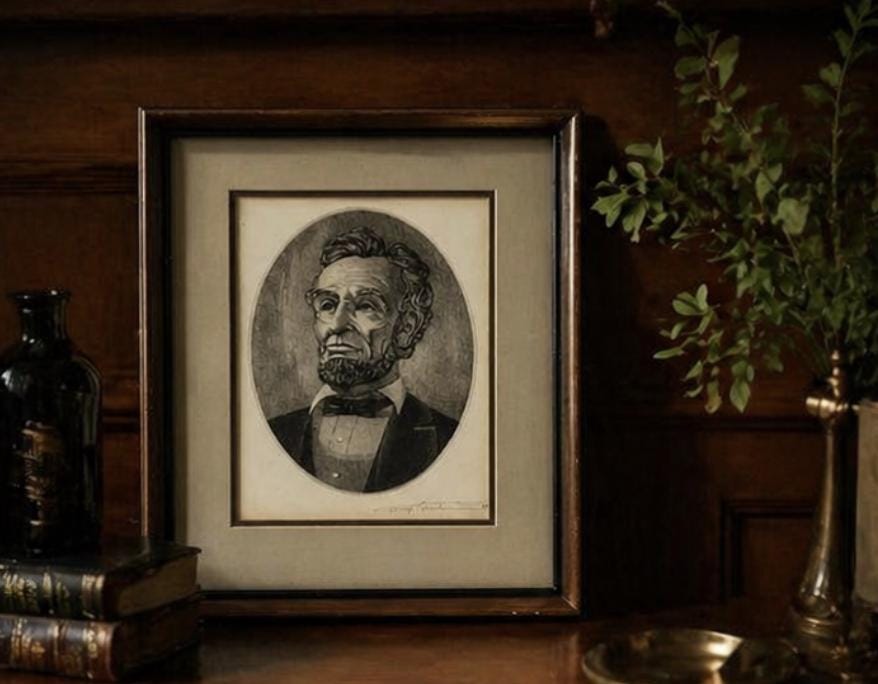 Vintage Abraham Lincoln Framed Engraving Style Print, Signed Portrait, Black and White Oval Lincoln Wall Art, Historic Americana Decor