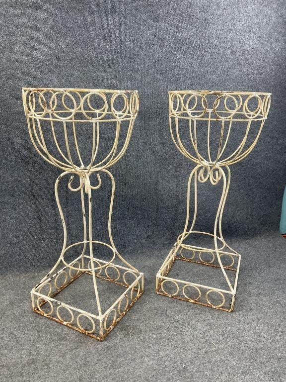 Pair Vintage Wrought Iron Planters, Tall White Garden Urn Stands, French Country Pedestal Planters, Shabby Chic Indoor Outdoor Decor
