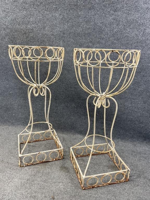 Pair Vintage Wrought Iron Planters, Tall White Garden Urn Stands, French Country Pedestal Planters, Shabby Chic Indoor Outdoor Decor