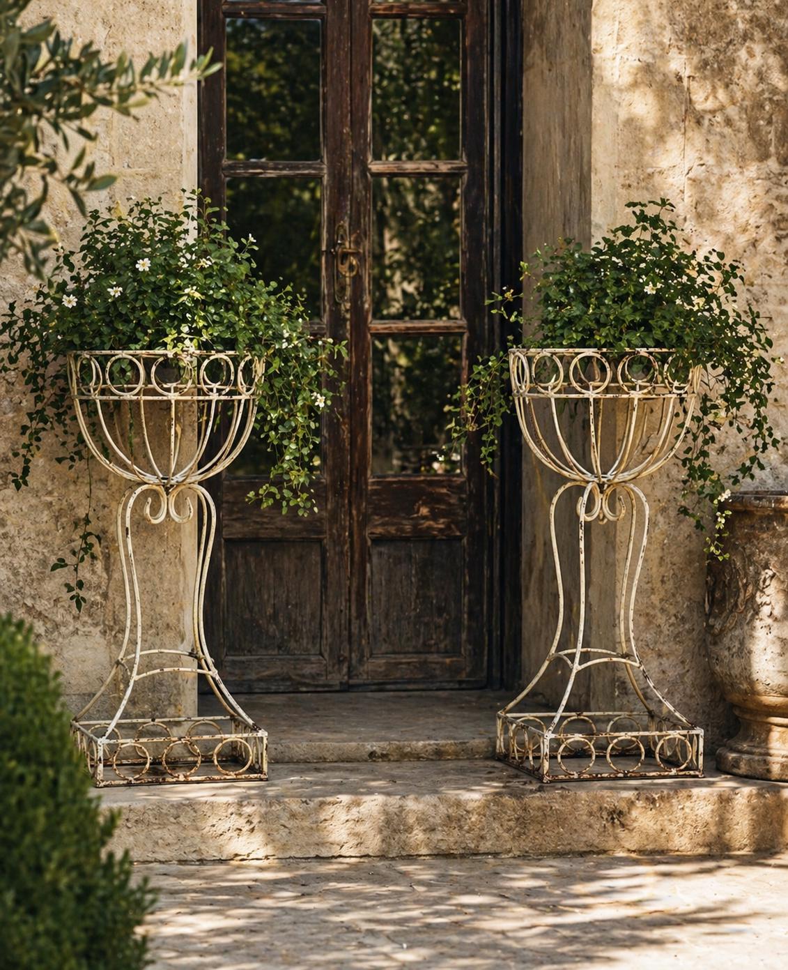 Pair Vintage Wrought Iron Planters, Tall White Garden Urn Stands, French Country Pedestal Planters, Shabby Chic Indoor Outdoor Decor