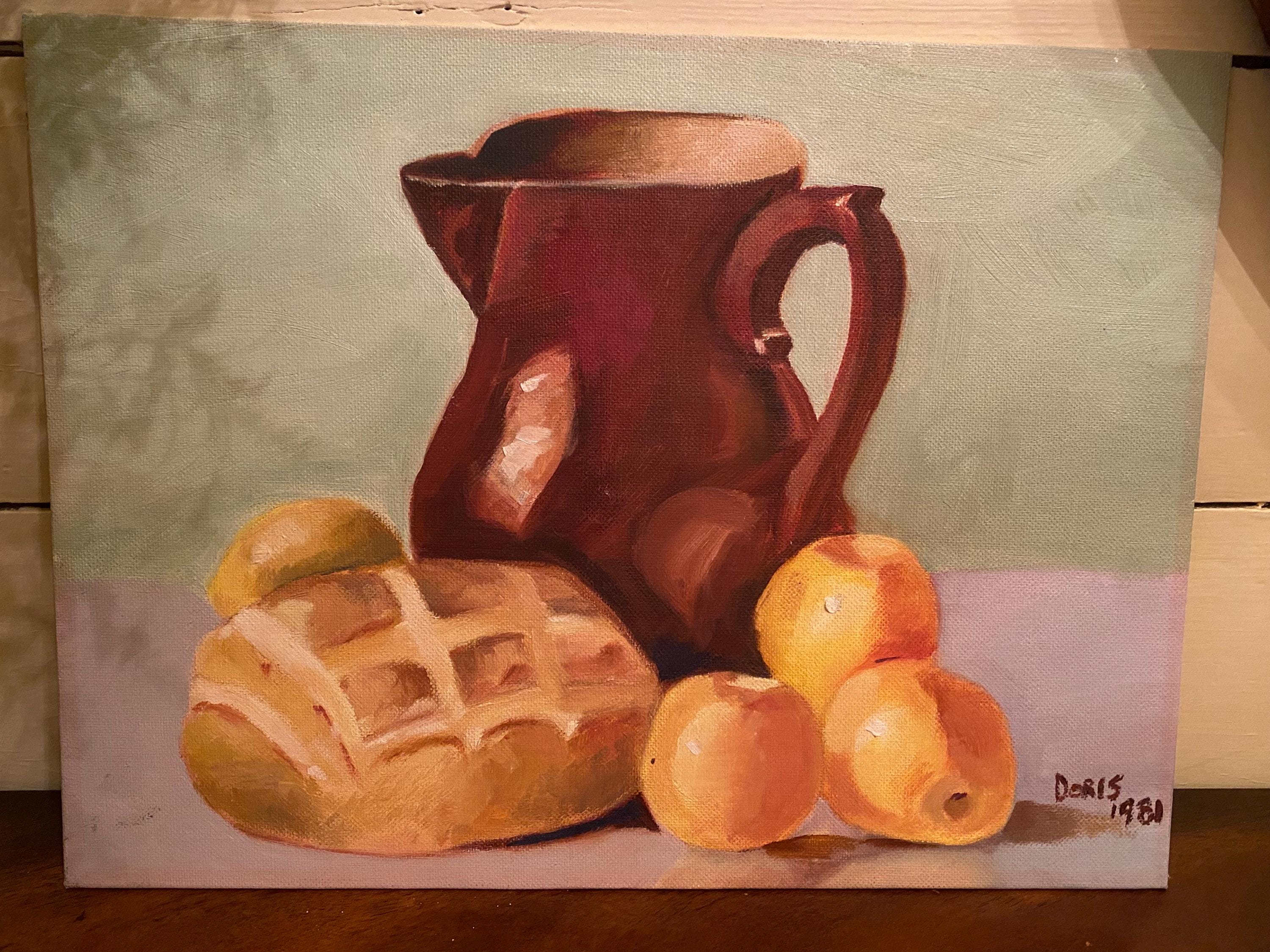 Vintage Still Life Painting of Lemons and Jug – Rustic Kitchen Art, Pitcher & Fruit, European Farmhouse Wall Decor