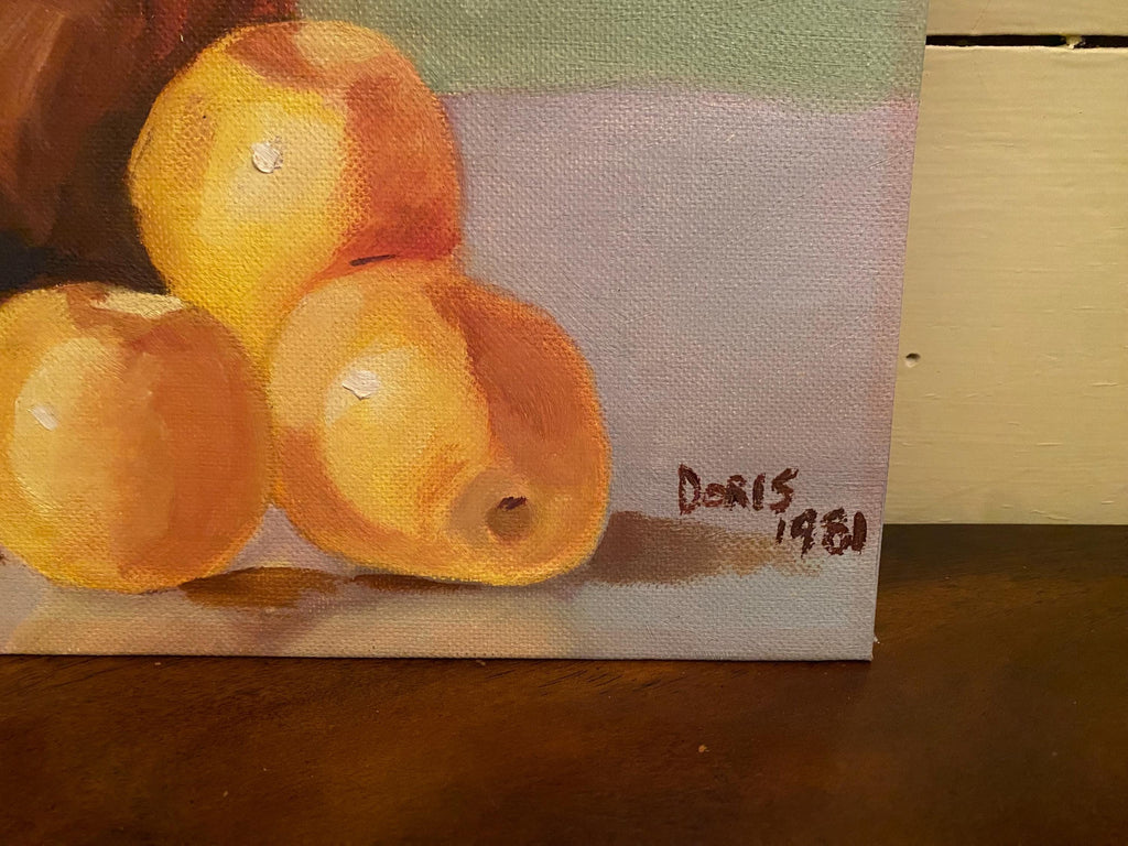 Vintage Still Life Painting of Lemons and Jug – Rustic Kitchen Art, Pitcher & Fruit, European Farmhouse Wall Decor