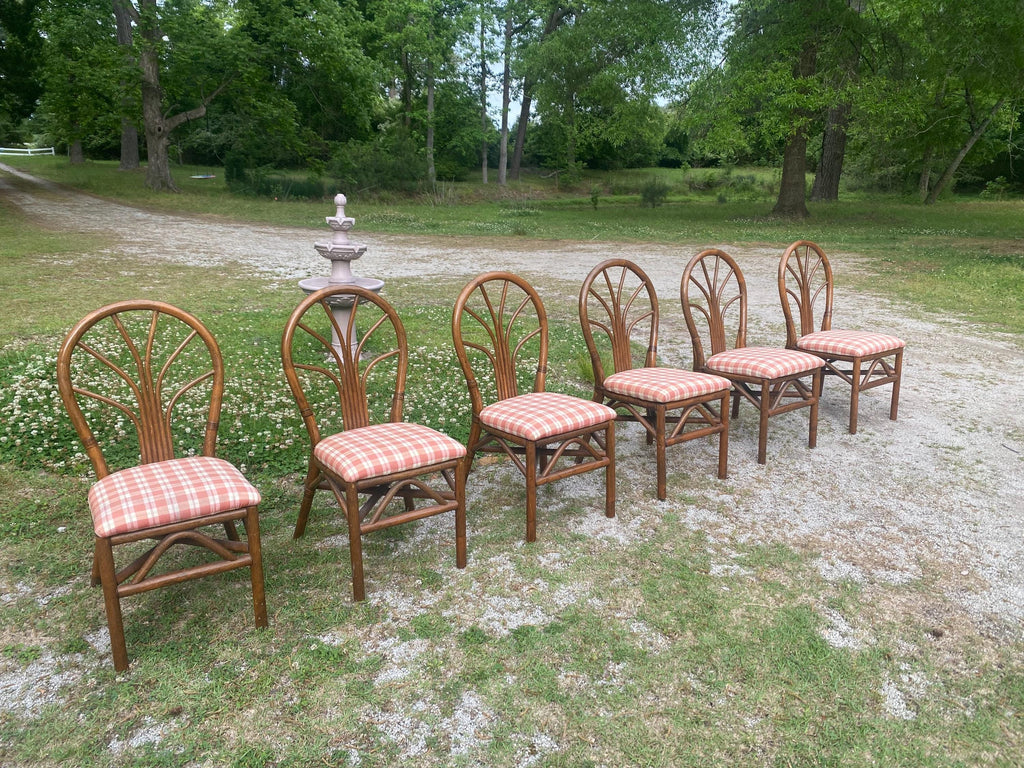Set of 6 Vintage Rattan Wheatback Dining Chairs - Mid Century Coastal Bamboo Dining Set - Palm Beach Regency Boho Kitchen Chairs