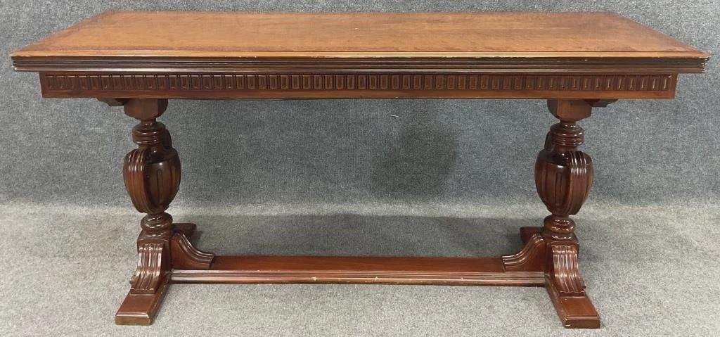 Antique French Style Walnut Flip Top Game Table | Carved Pedestal Console Table | Renaissance Revival Sofa Table | Burl Walnut Entry Table