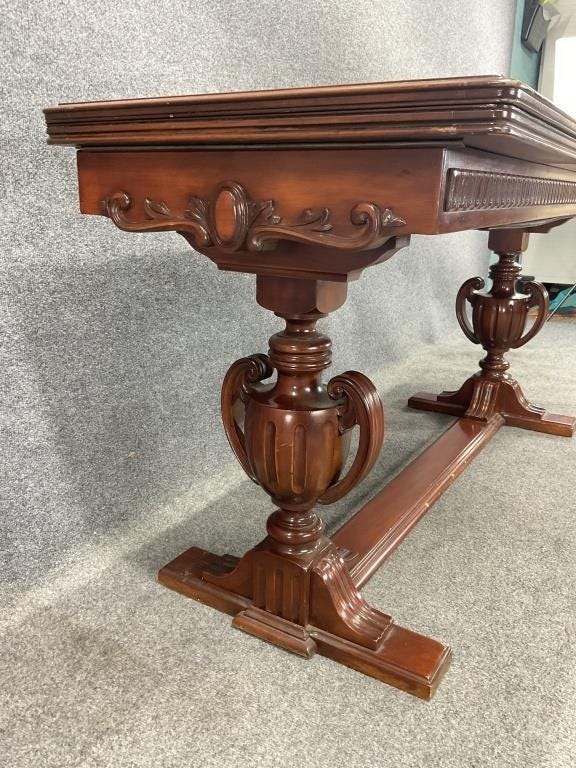Antique French Style Walnut Flip Top Game Table | Carved Pedestal Console Table | Renaissance Revival Sofa Table | Burl Walnut Entry Table