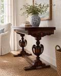 Antique French Style Walnut Flip Top Game Table | Carved Pedestal Console Table | Renaissance Revival Sofa Table | Burl Walnut Entry Table