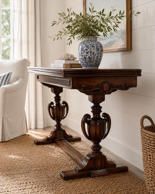 Antique French Style Walnut Flip Top Game Table | Carved Pedestal Console Table | Renaissance Revival Sofa Table | Burl Walnut Entry Table