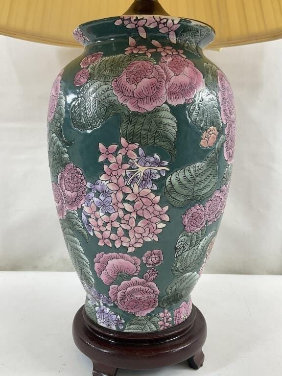 Vintage Chinoiserie Porcelain Lamp | Hand-painted Floral Green Ginger Jar Table Lamp | Grandmillennial Palm Beach Decor