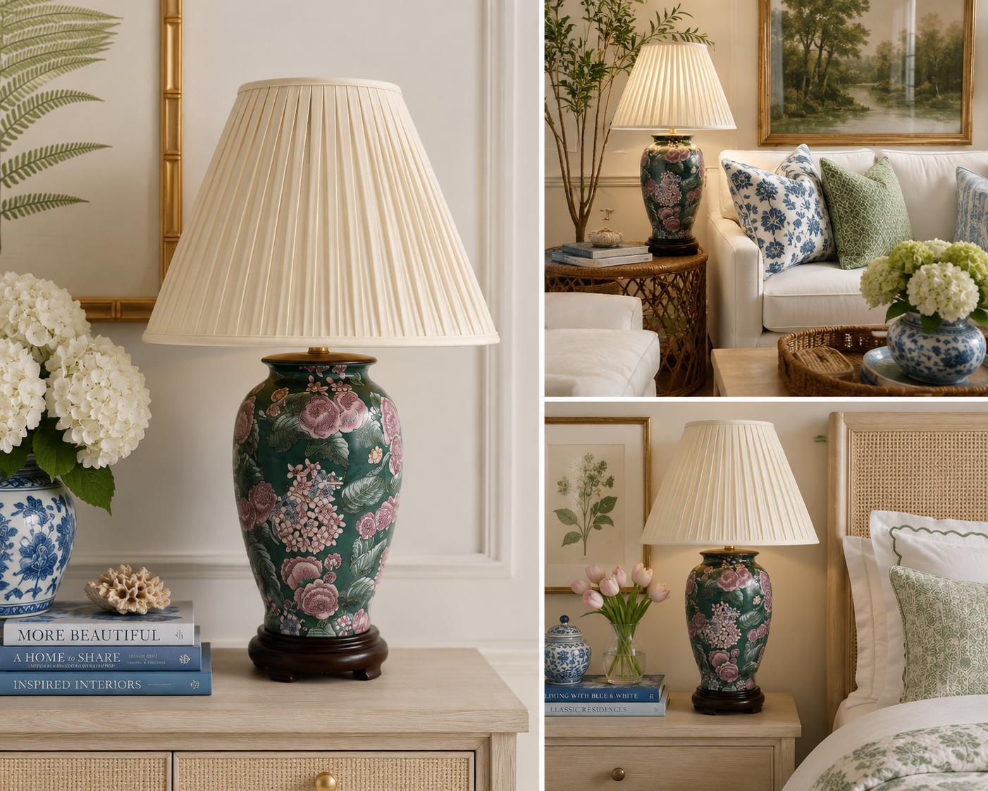 Vintage Chinoiserie Porcelain Lamp | Hand-painted Floral Green Ginger Jar Table Lamp | Grandmillennial Palm Beach Decor