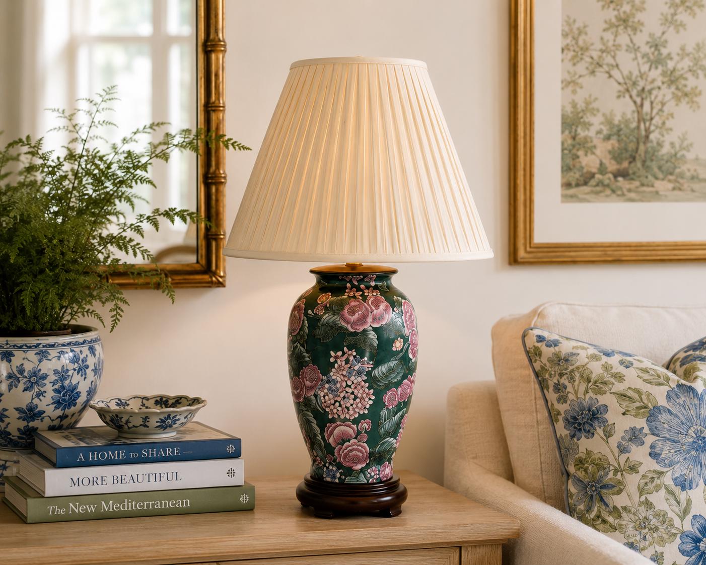 Vintage Chinoiserie Porcelain Lamp | Hand-painted Floral Green Ginger Jar Table Lamp | Grandmillennial Palm Beach Decor