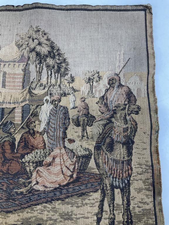 Antique Moroccan Scene Woven Tapestry | Vintage Moorish Textile Wall Hanging | Camel Desert Figural Textile Art