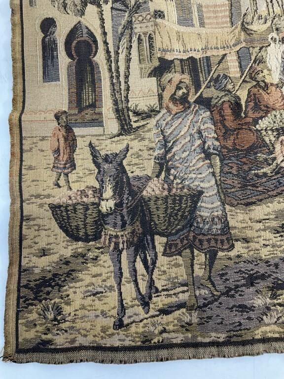 Antique Moroccan Scene Woven Tapestry | Vintage Moorish Textile Wall Hanging | Camel Desert Figural Textile Art