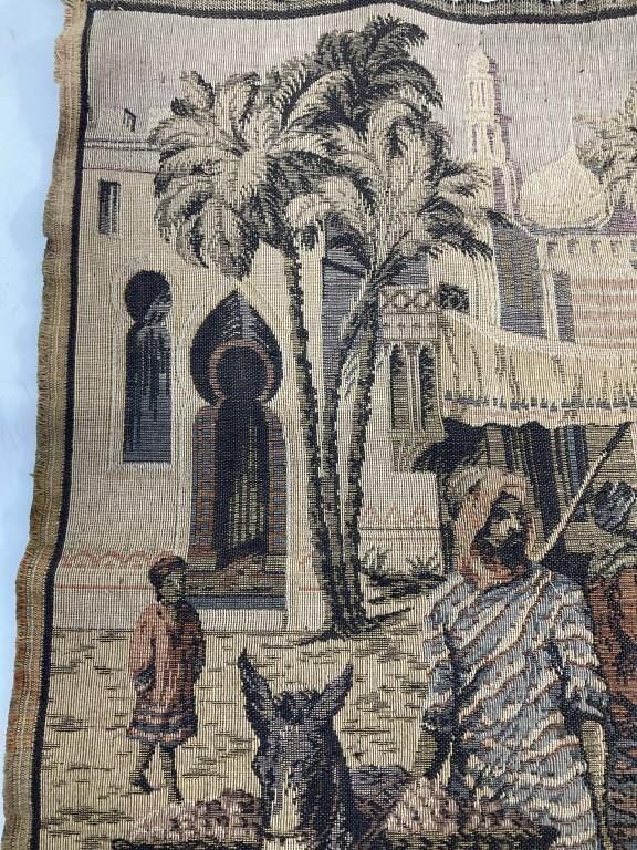 Antique Moroccan Scene Woven Tapestry | Vintage Moorish Textile Wall Hanging | Camel Desert Figural Textile Art