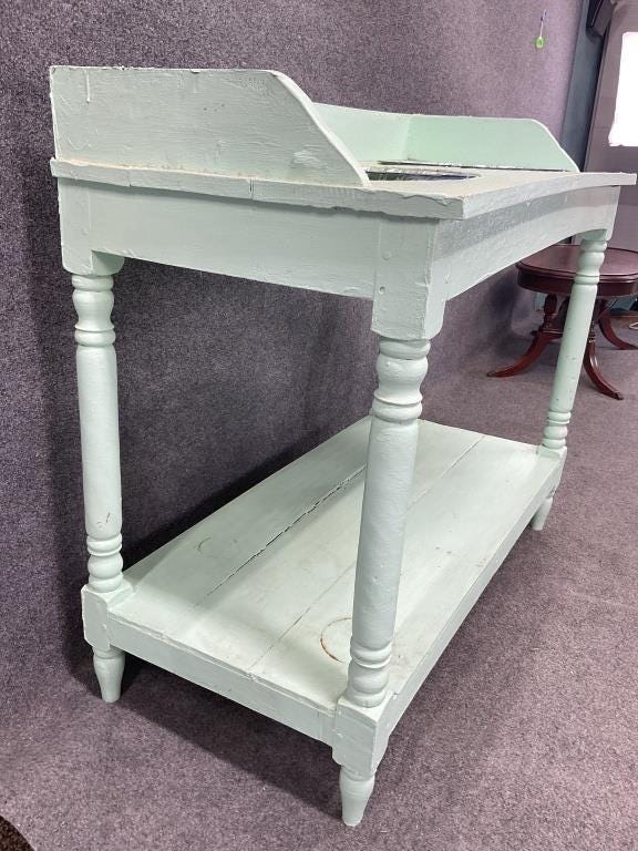 Vintage Painted Potting Table | Cottage Garden Work Table | Farmhouse Planting Bench with Enamel Basins