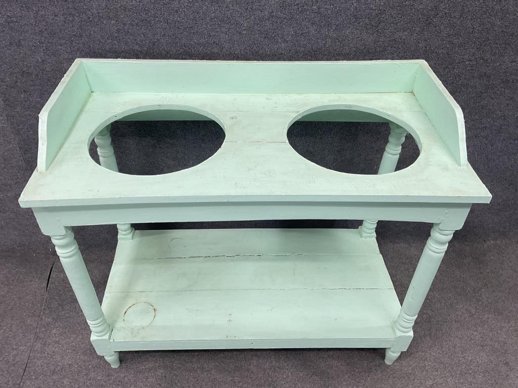 Vintage Painted Potting Table | Cottage Garden Work Table | Farmhouse Planting Bench with Enamel Basins
