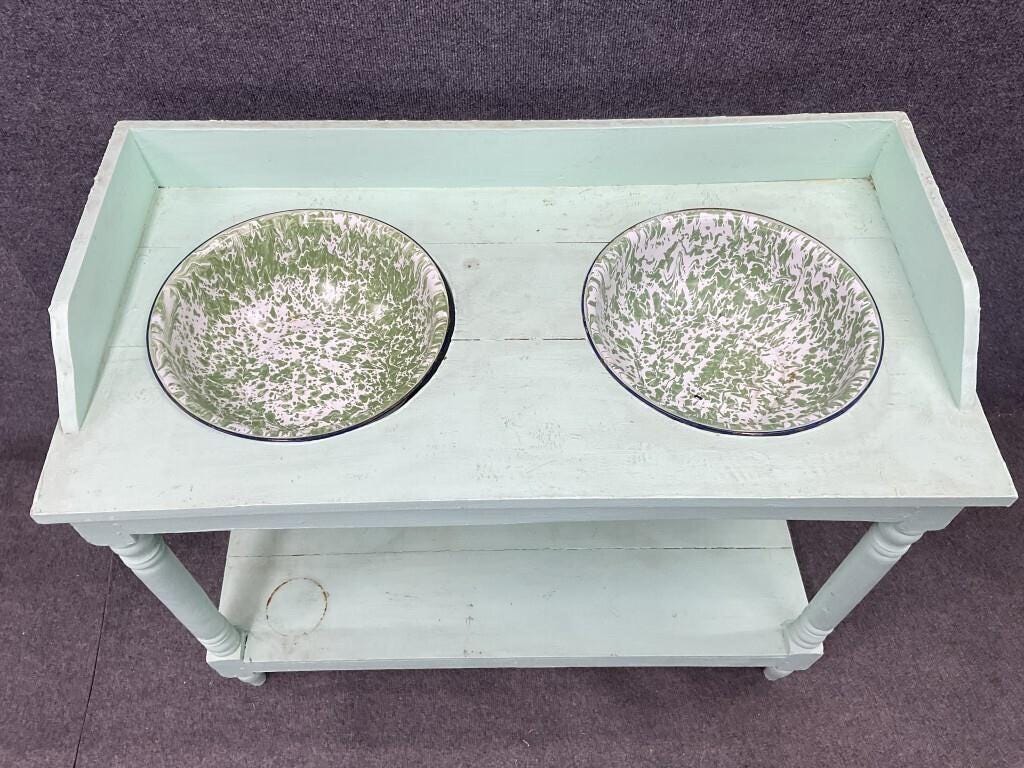 Vintage Painted Potting Table | Cottage Garden Work Table | Farmhouse Planting Bench with Enamel Basins