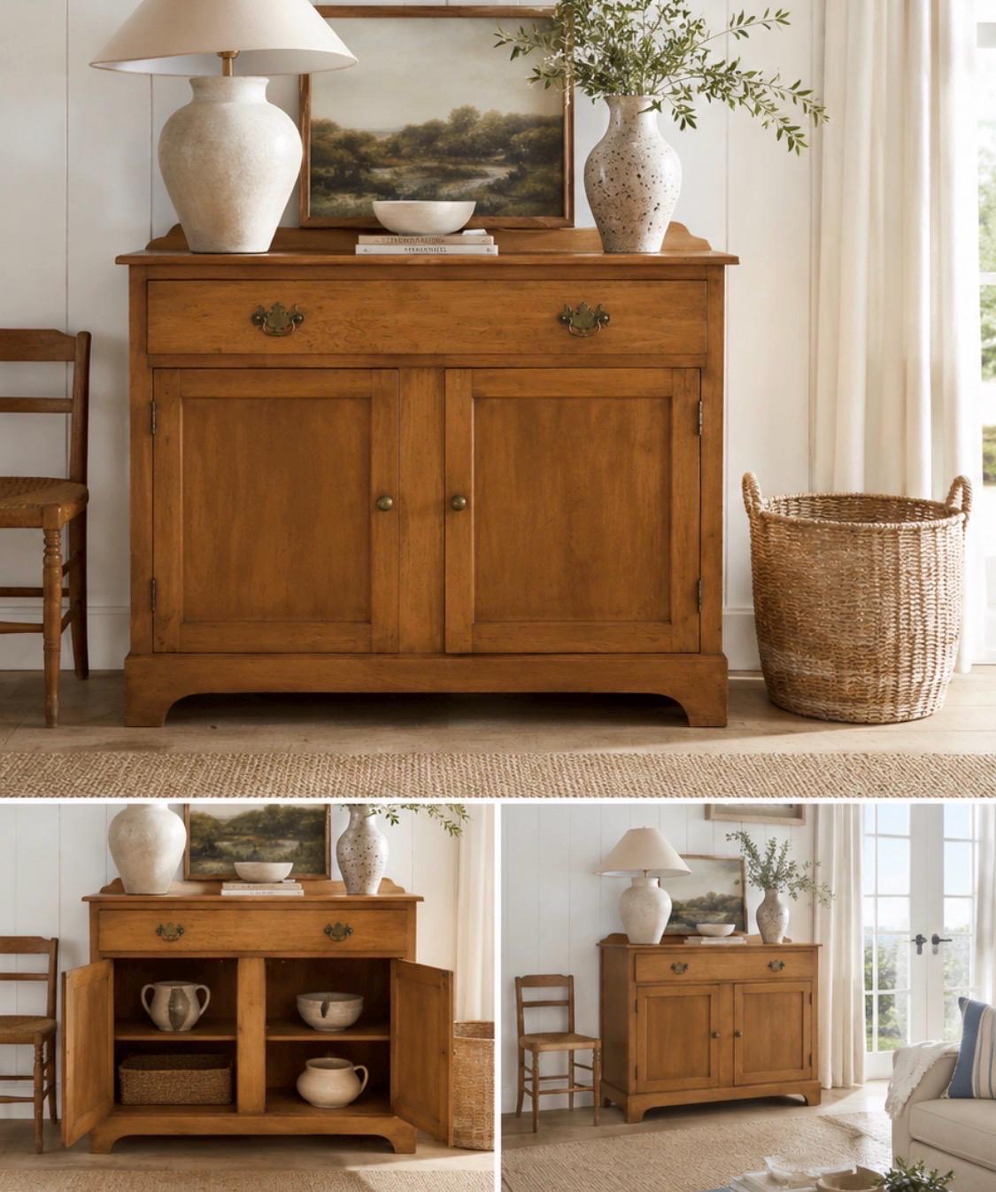 Vintage 1930s Maple Farmhouse Cupboard Cabinet | Colonial Revival Blind Door Sideboard | Primitive Cottage Console Cabinet