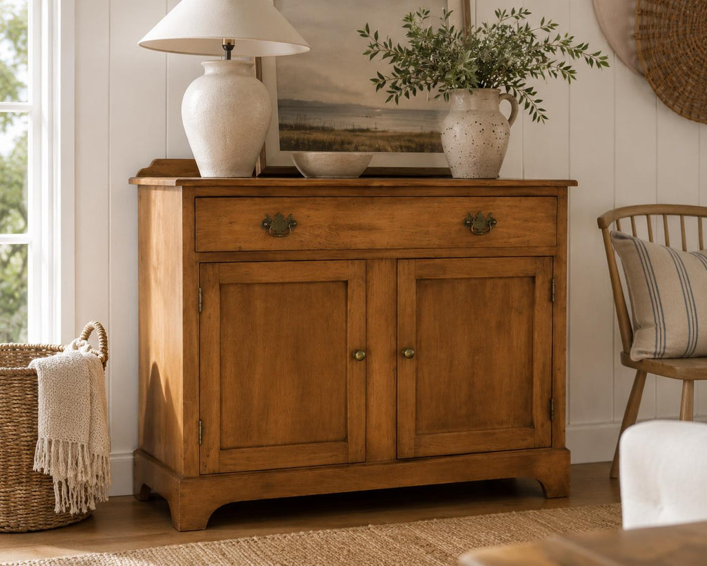 Vintage 1930s Maple Farmhouse Cupboard Cabinet | Colonial Revival Blind Door Sideboard | Primitive Cottage Console Cabinet