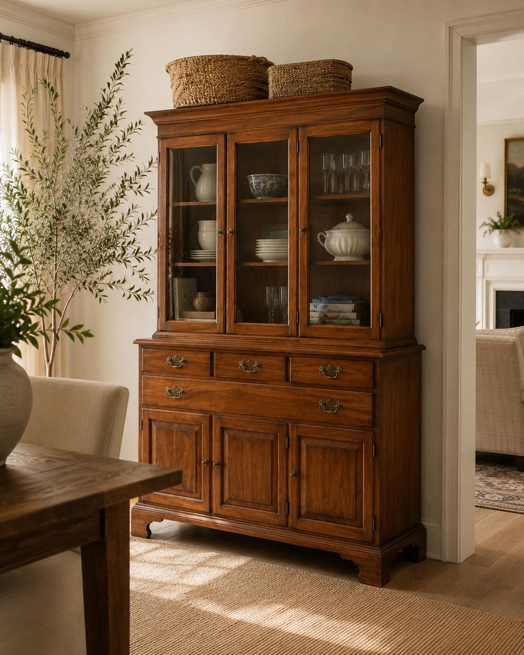 Henkel Harris Step Back China Cabinet | Vintage Virginia Hutch | Traditional Two Piece Display Cabinet