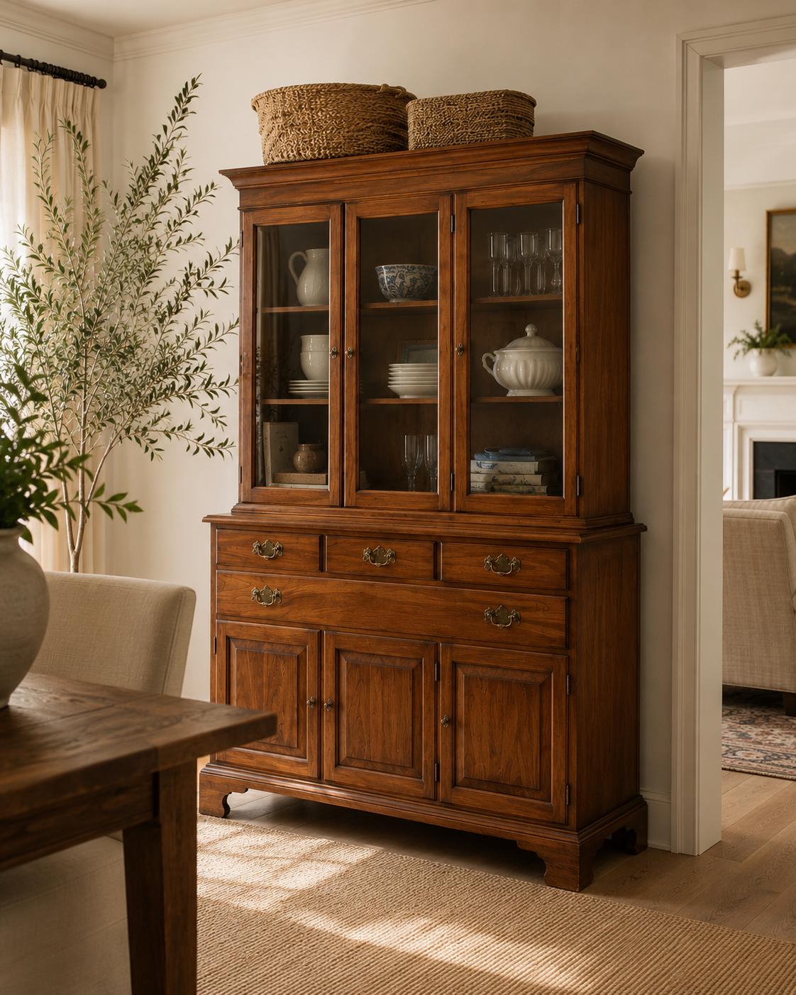 Henkel Harris Step Back China Cabinet | Vintage Virginia Hutch | Traditional Two Piece Display Cabinet