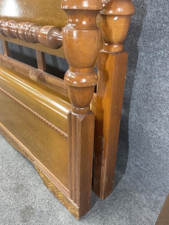 Antique Waterfall Art Deco Full Size Bed | Vintage Walnut Spool Poster Bed Frame