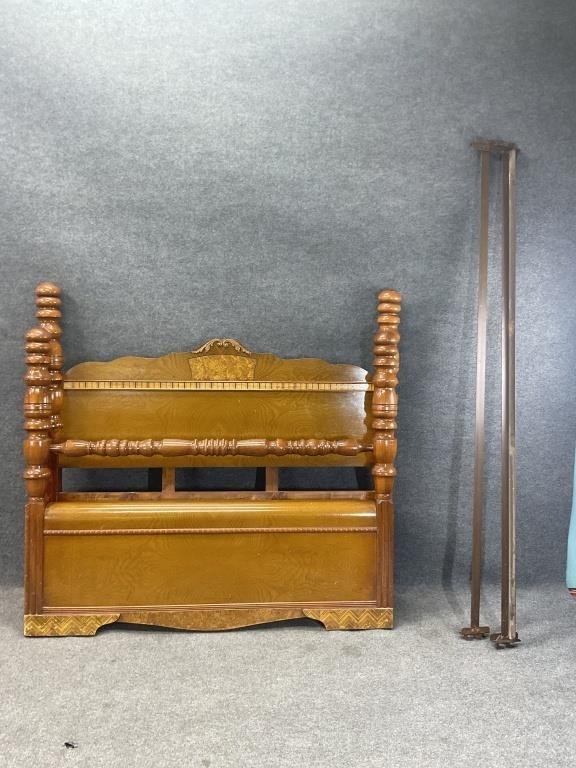 Antique Waterfall Art Deco Full Size Bed | Vintage Walnut Spool Poster Bed Frame