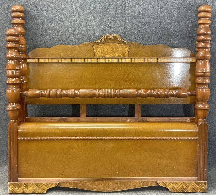 Antique Waterfall Art Deco Full Size Bed | Vintage Walnut Spool Poster Bed Frame