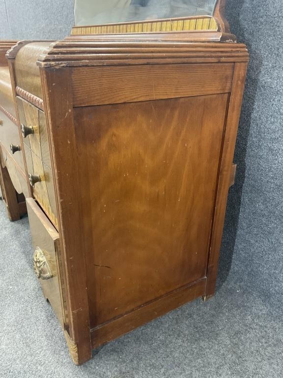 Antique Art Deco Waterfall Vanity with Mirror & Linen Bench | 1920s Walnut Veneer Dressing Table | Vintage Makeup Vanity