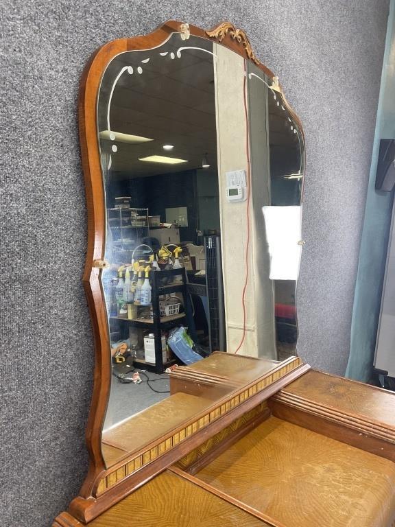 Antique Art Deco Waterfall Vanity with Mirror & Linen Bench | 1920s Walnut Veneer Dressing Table | Vintage Makeup Vanity