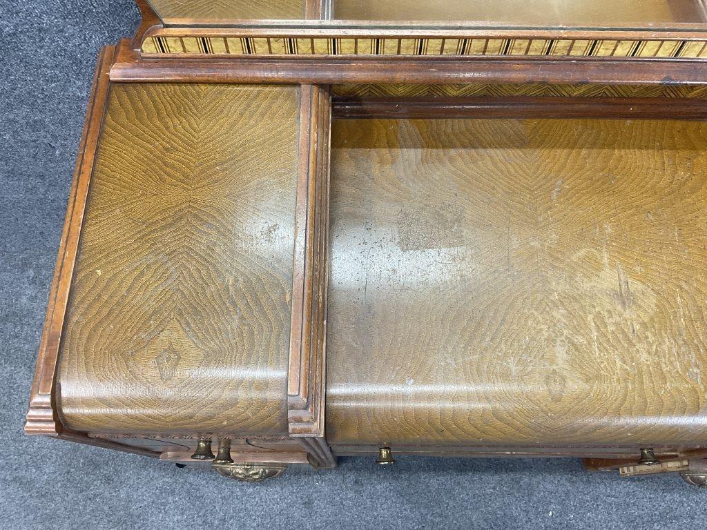 Antique Art Deco Waterfall Vanity with Mirror & Linen Bench | 1920s Walnut Veneer Dressing Table | Vintage Makeup Vanity