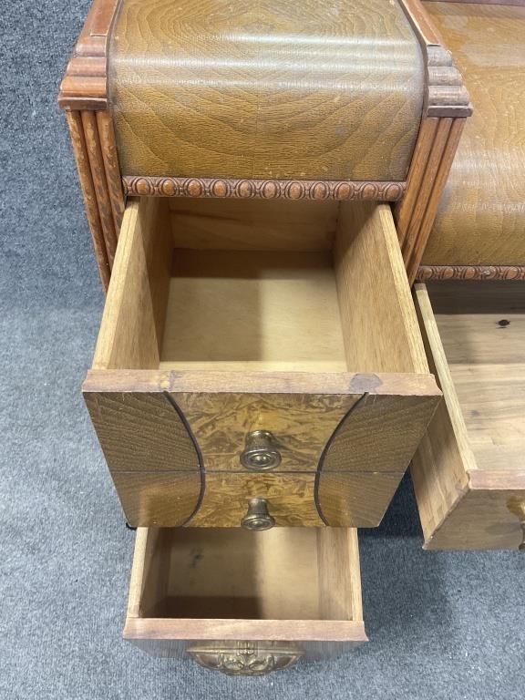 Antique Art Deco Waterfall Vanity with Mirror & Linen Bench | 1920s Walnut Veneer Dressing Table | Vintage Makeup Vanity
