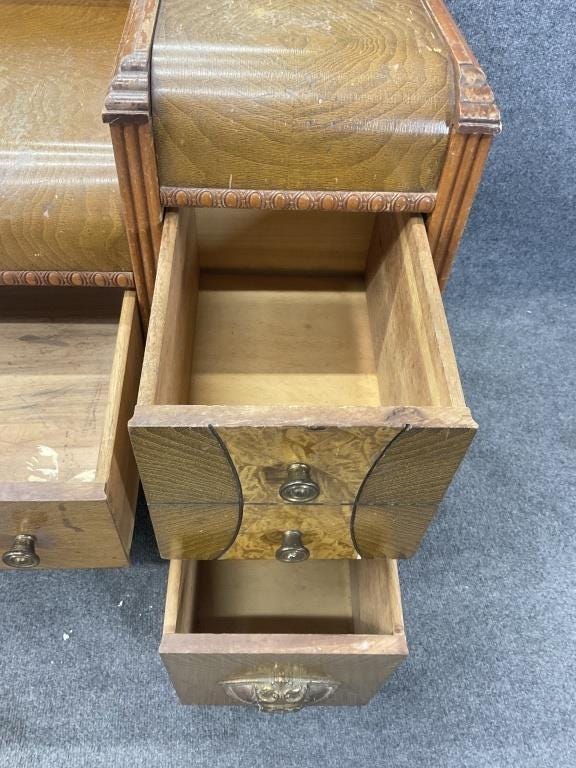 Antique Art Deco Waterfall Vanity with Mirror & Linen Bench | 1920s Walnut Veneer Dressing Table | Vintage Makeup Vanity